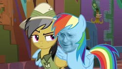 Size: 1904x1076 | Tagged: safe, derpibooru import, edit, edited screencap, editor:dadio46, screencap, daring do, rainbow dash, pegasus, pony, stranger than fan fiction, baseball, costanza face, exploitable meme, george costanza, hug, ishygddt, meme, seinfeld