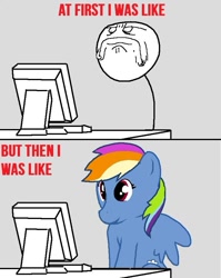 Size: 679x853 | Tagged: safe, rainbow dash, pegasus, pony, artifact, blue coat, brony, female, mare, meme, multicolored mane, solo