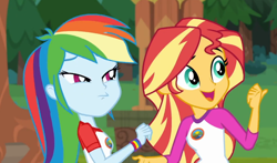 Size: 1044x614 | Tagged: safe, derpibooru import, screencap, rainbow dash, sunset shimmer, equestria girls, legend of everfree, faic, not bad, rainbow dash is best facemaker