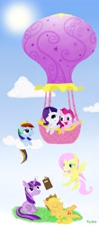 Size: 1300x2957 | Tagged: safe, artist:rovaa, derpibooru import, angel bunny, applejack, fluttershy, pinkie pie, rainbow dash, rarity, twilight sparkle, earth pony, pegasus, pony, unicorn, book, hot air balloon, levitation, sleeping, twinkling balloon