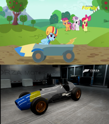 Size: 1006x1138 | Tagged: safe, artist:peternators, derpibooru import, screencap, apple bloom, rainbow dash, scootaloo, sweetie belle, pegasus, pony, the cart before the ponies, car, forza motorsport 6, helmet, meme, racecar, that was fast