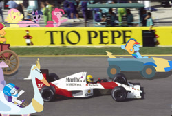 Size: 1600x1083 | Tagged: safe, derpibooru import, applejack, fluttershy, pinkie pie, rainbow dash, rarity, twilight sparkle, the cart before the ponies, ayrton senna, brazil, cart, formula 1, irl, mane six, photo, photoshop, ponies in real life, senna, vector