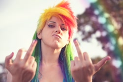 Size: 1280x853 | Tagged: safe, artist:norikat, rainbow dash, human, cosplay, irl, irl human, middle finger, photo, solo, vulgar