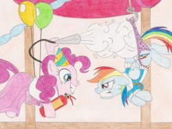 Size: 900x674 | Tagged: safe, artist:wjmmovieman, derpibooru import, pinkie pie, rainbow dash, earth pony, pegasus, pony, abuse, angry, balloon, candy print underwear, clothes, dashabuse, dress, female, fire extinguisher, hanging, hanging wedgie, hook, mare, panties, panty pull, prank, purple underwear, smiling, striped underwear, sweater, traditional art, underwear, wedgie