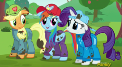 Size: 1573x862 | Tagged: safe, derpibooru import, screencap, applejack, rainbow dash, rarity, earth pony, pegasus, pony, unicorn, the cart before the ponies, backwards ballcap, baseball cap, clothes, dirty, floppy ears, hat, jumpsuit, mechanic coveralls