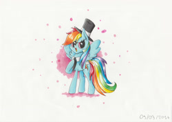 Size: 3507x2480 | Tagged: safe, artist:pumpkinkikile, rainbow dash, pegasus, pony, hat, necktie, solo, traditional art