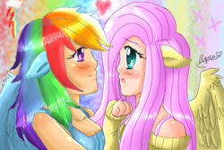 Size: 600x400 | Tagged: safe, artist:angel-chi, fluttershy, rainbow dash, human, blushing, female, flutterdash, humanized, lesbian, shipping