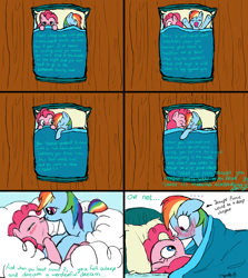 Size: 1280x1438 | Tagged: safe, artist:kristelpokemonfan, derpibooru import, pinkie pie, rainbow dash, earth pony, pegasus, pony, bed, blushing, caught, comic, cuddling, cute, dream, female, hug, kissing, lesbian, pinkiedash, shipping, sleepover, smiling, snuggling, x3