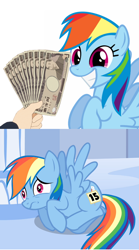 Size: 498x898 | Tagged: safe, rainbow dash, pegasus, pony, anime, exploitable meme, fistful of yen, k-on, meme