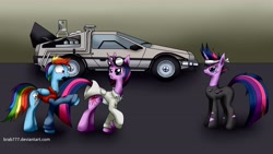 Size: 5120x2880 | Tagged: safe, artist:brab777, derpibooru import, rainbow dash, twilight sparkle, pegasus, pony, back to the future, crossover, delorean, future twilight, rainbow