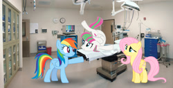 Size: 1941x989 | Tagged: safe, artist:tokkazutara1164, derpibooru import, blossomforth, fluttershy, rainbow dash, pony, contortionist, doctor, flexible, irl, photo, ponies in real life, vector