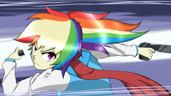 Size: 3872x2178 | Tagged: safe, artist:misterbrony, rainbow dash, human, gun, humanized, solo