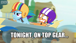 Size: 1280x720 | Tagged: safe, derpibooru import, edit, edited screencap, screencap, rainbow dash, scootaloo, pegasus, pony, the cart before the ponies, bbc, caption, duo, image macro, impact font, meme, top gear