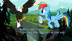 Size: 1280x720 | Tagged: safe, edit, edited screencap, screencap, rainbow dash, bald eagle, eagle, pegasus, pony, may the best pet win, caption, duo, female, flying, ghastly gorge, gorge, handkerchief, implied death, mare, spread wings, wheelduck, wings