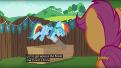 Size: 960x540 | Tagged: safe, derpibooru import, screencap, rainbow dash, scootaloo, pegasus, pony, the cart before the ponies, discovery family logo, implied marriage, meme, safety goggles, saw, youtube caption