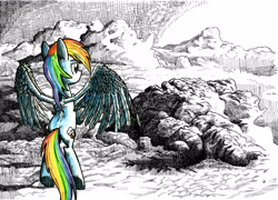 Size: 4871x3502 | Tagged: safe, artist:smellslikebeer, rainbow dash, pegasus, pony, absurd resolution, cloud, cloudy, crosshatch, detailed, flying, ink, looking away, partial color, rear view, sky, solo, spread wings, traditional art