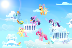 Size: 8192x5448 | Tagged: safe, artist:rainbownspeedash, derpibooru import, applejack, cloudchaser, derpy hooves, flitter, fluttershy, lyra heartstrings, parasol, pinkie pie, rainbow dash, rarity, spring melody, sprinkle medley, twilight sparkle, earth pony, pegasus, pony, unicorn, absurd resolution, butterfly wings, cloudiseum, cloudsdale, female, flying, gossamer wings, mane six, mare