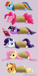 Size: 3000x6000 | Tagged: safe, artist:stinkehund, derpibooru import, applejack, fluttershy, pinkie pie, rainbow dash, rarity, twilight sparkle, earth pony, pegasus, pony, unicorn, blushing, body pillow, body pillow design, body pillow meme, bondage, book, female, lying down, mane six, mare, rainbond dash, rarity is not amused, rope, rope bondage, ropes, smiling, tied up