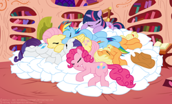 Size: 2880x1740 | Tagged: safe, artist:electronvolt, derpibooru import, applejack, fluttershy, pinkie pie, rainbow dash, rarity, twilight sparkle, earth pony, pegasus, pony, unicorn, cuddle puddle, cute, golden oaks library, library, mane six, pillow, pony pile, sleeping