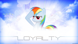 Size: 1920x1080 | Tagged: safe, artist:arroyopl, artist:romus91, rainbow dash, pegasus, pony, cloudsdale, lens flare, loyalty, rainbow dash salutes, salute, solo, vector, wallpaper