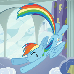 Size: 741x741 | Tagged: safe, derpibooru import, screencap, rainbow dash, pegasus, pony, the cart before the ponies, cute, dashabetes, eyes closed, female, flying, mare, rainbow dash's house, solo