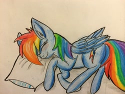Size: 3264x2448 | Tagged: safe, artist:snowfoxythefox, derpibooru exclusive, derpibooru import, rainbow dash, pegasus, pony, blushing, colored, colored pencil drawing, colored sketch, cute, dashabetes, eyes closed, hnnng, pencil, pencil drawing, pillow, simple background, sleeping, smiling, solo, traditional art