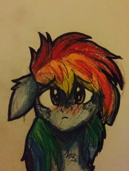 Size: 2448x3264 | Tagged: safe, artist:snowfoxythefox, derpibooru import, rainbow dash, pegasus, pony, blushing, chest fluff, colored, colored pencil drawing, colored sketch, crying, cute, dashabetes, ear fluff, feels, floppy ears, frown, out of character, pencil, pencil drawing, sad, simple background, solo, traditional art