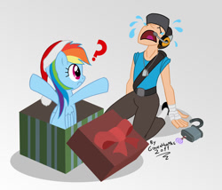 Size: 1037x886 | Tagged: safe, artist:gonzahermeg, derpibooru import, rainbow dash, human, christmas, confused, crossover, crying, eyes closed, frown, hat, kneeling, lock, open mouth, present, pun, question mark, rainbows make me cry, santa hat, scout, team fortress 2