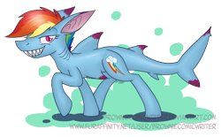 Size: 2424x1501 | Tagged: safe, artist:greenlinzerd, derpibooru import, rainbow dash, original species, shark pony, abstract background, female, sharp teeth, solo, species swap, teeth