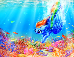 Size: 2600x2000 | Tagged: safe, artist:katputze, rainbow dash, fish, pegasus, pony, color porn, coral, cute, ocean, scenery, solo, swimming, underwater