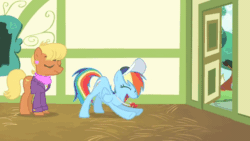 Size: 1000x562 | Tagged: safe, screencap, ms. harshwhinny, rainbow dash, pegasus, pony, flight to the finish, animated, ass up, backbend, coach, dat butt, disappearing whistle, exploitable meme, eyes closed, eyes on the prize, fanservice, female, frown, grin, hat, invisible stallion, iwtcird, mare, me gusta, meme, out of context, rainbow dashs coaching whistle, raised tail, smiling, stretching, twerking, whistle, whistle necklace