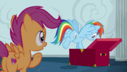 Size: 1280x720 | Tagged: safe, derpibooru import, screencap, rainbow dash, scootaloo, pegasus, pony, the cart before the ponies, animated, cutie mark, female, filly, mare, plot, the cmc's cutie marks