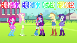 Size: 1280x721 | Tagged: safe, derpibooru import, screencap, applejack, fluttershy, pinkie pie, rainbow dash, rarity, twilight sparkle, twilight sparkle (alicorn), alicorn, equestria girls, equestria girls (movie), canterlot high, eyes closed, giggling, humane five, humane six, image macro, implied lesbian, implied shipping, implied twidash, mane six, open mouth, rainbow text, shipping, shipping fuel, soccer field, twidash