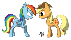 Size: 2610x1483 | Tagged: safe, artist:rb-d, derpibooru import, applejack, rainbow dash, earth pony, pegasus, pony, angry, female, looking at each other, mare, signature, simple background, white background