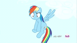 Size: 576x324 | Tagged: safe, screencap, rainbow dash, pegasus, pony, maud pie (episode), angry, animated, annoyed, cloud, cute, dashabetes, female, flying, frown, glare, hub logo, hubble, madorable, mare, open mouth, ragebow dash, raging dash, solo, spread wings, the hub, underhoof, wide eyes, wings