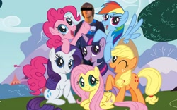 Size: 1600x1000 | Tagged: safe, derpibooru import, edit, applejack, fluttershy, pinkie pie, rainbow dash, rarity, twilight sparkle, human, brony, censor bar, censored, group shot, mane six, mane six opening poses