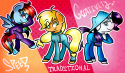 Size: 1024x599 | Tagged: safe, artist:artypaints, derpibooru import, applejack, rainbow dash, rarity, earth pony, pegasus, pony, unicorn, the cart before the ponies