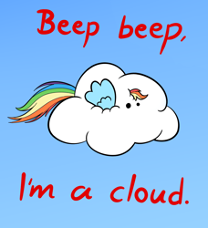 Size: 940x1032 | Tagged: safe, artist:mr-1, rainbow dash, pegasus, pony, artifact, beep beep, cloud, female, mare, meme, solo