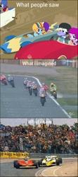 Size: 640x1440 | Tagged: safe, derpibooru import, edit, edited screencap, screencap, diamond tiara, rainbow dash, randolph, scootaloo, pegasus, pony, the cart before the ponies, car, comparison, formula 1, gp500, image macro, meme, motogp, motorcycle, racecar