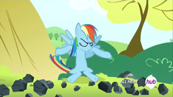 Size: 1920x1080 | Tagged: safe, screencap, rainbow dash, pegasus, pony, maud pie (episode), flying, hub logo, solo