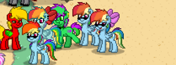 Size: 418x154 | Tagged: safe, derpibooru import, rainbow dash, oc, pegasus, pony, 8-bit, clones, cute, dashstorm, glasses, grass, group photo, multeity, pony town, pony town multeity