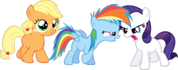 Size: 802x318 | Tagged: safe, artist:schwarzekatze4, derpibooru import, applejack, rainbow dash, rarity, earth pony, pegasus, pony, unicorn, alternate universe, cutie mark crusaders, filly, harmony-verse, role reversal, simple background, transparent background, vector