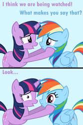 Size: 4000x6000 | Tagged: safe, artist:vexorb, derpibooru import, edit, edited screencap, screencap, rainbow dash, twilight sparkle, pegasus, pony, breaking the fourth wall, caption, comic, image macro, meme, she knows, they know, worried