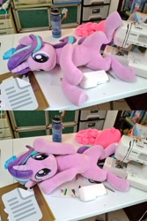 Size: 1024x1530 | Tagged: safe, artist:nekokevin, starlight glimmer, pony, unicorn, series:nekokevin's glimmy, behaving like a cat, cute, female, glimmerbetes, happy, irl, looking at you, lying down, mare, photo, plushie, raised hoof, sewing machine, smiling, solo