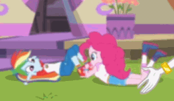 Size: 413x242 | Tagged: safe, derpibooru import, edit, edited screencap, screencap, pinkie pie, rainbow dash, equestria girls, legend of everfree, animated, camp everfree outfits, clothes, cropped, duo, female, grass, sit-ups, training