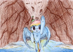 Size: 3372x2382 | Tagged: safe, artist:40kponyguy, derpibooru exclusive, derpibooru import, rainbow dash, pegasus, pony, both cutie marks, canyon, flying, looking at you, solo, traditional art, underhoof, upside down