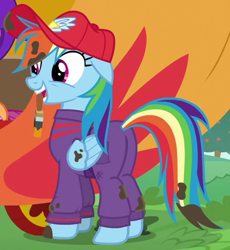 Size: 572x622 | Tagged: safe, derpibooru import, screencap, rainbow dash, pegasus, pony, the cart before the ponies, coveralls, female, mare, plot