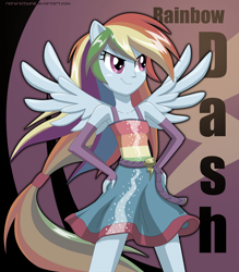 Size: 1200x1372 | Tagged: safe, artist:reina-kitsune, rainbow dash, equestria girls, belt, clothes, dress, fall formal outfits, ponied up, skirt, sleeveless, solo