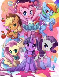 Size: 734x950 | Tagged: safe, artist:lindsay cibos, derpibooru import, applejack, fluttershy, pinkie pie, rainbow dash, rarity, twilight sparkle, twilight sparkle (alicorn), alicorn, earth pony, pegasus, pony, unicorn, blushing, clothes, colored pupils, cute, dashabetes, diapinkes, equestria girls outfit, group photo, jackabetes, mane six, raribetes, shyabetes, signature, twiabetes