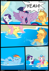 Size: 1035x1499 | Tagged: safe, artist:mikedugan, derpibooru import, applejack, fluttershy, pinkie pie, rainbow dash, rarity, twilight sparkle, twilight sparkle (alicorn), alicorn, earth pony, pegasus, pony, unicorn, comic:the lost tribe, comic, mane six, ocean, summer, swimming, water